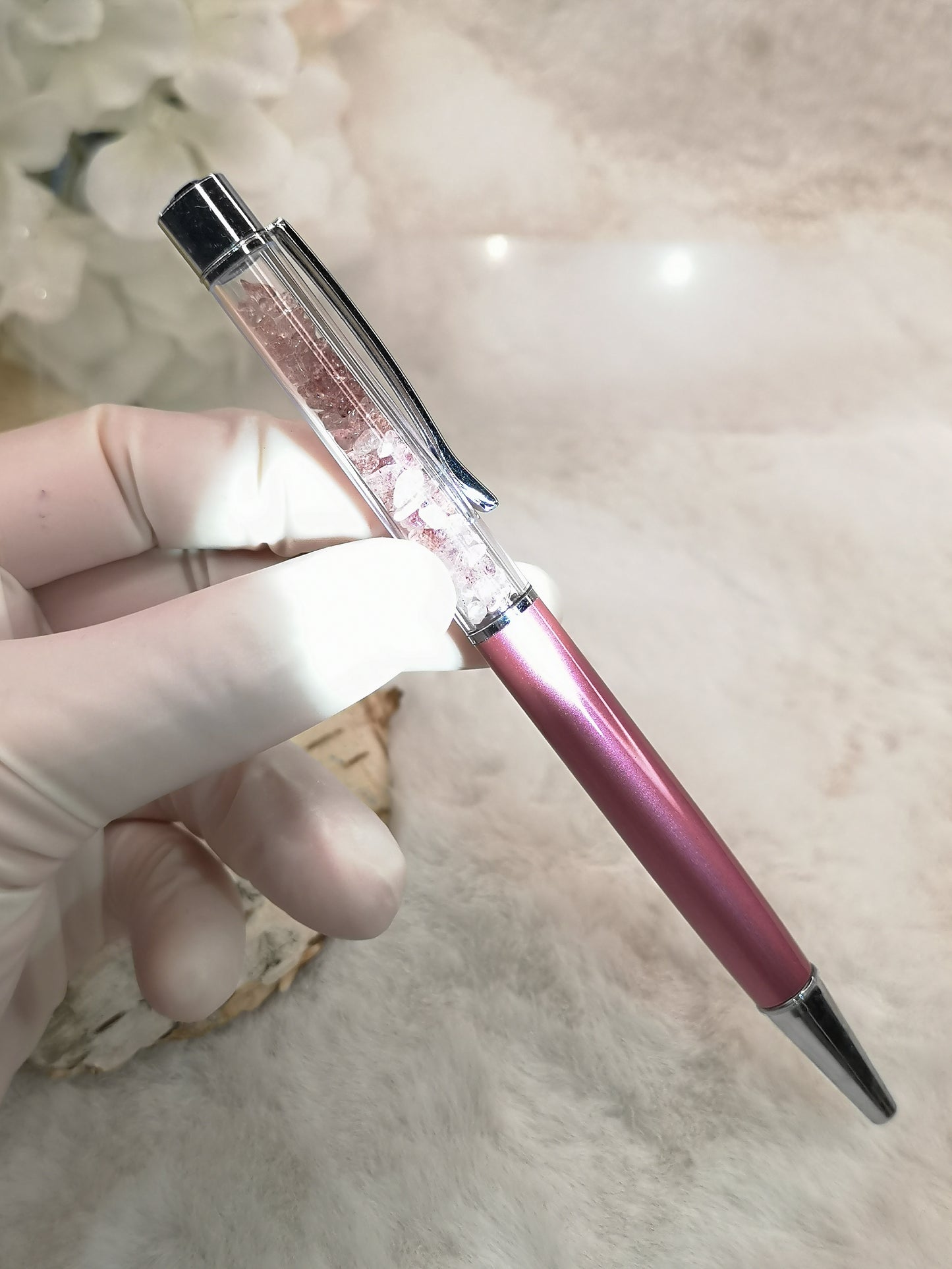 Kugelschreiber mit Rosenquarz Edelsteinchen