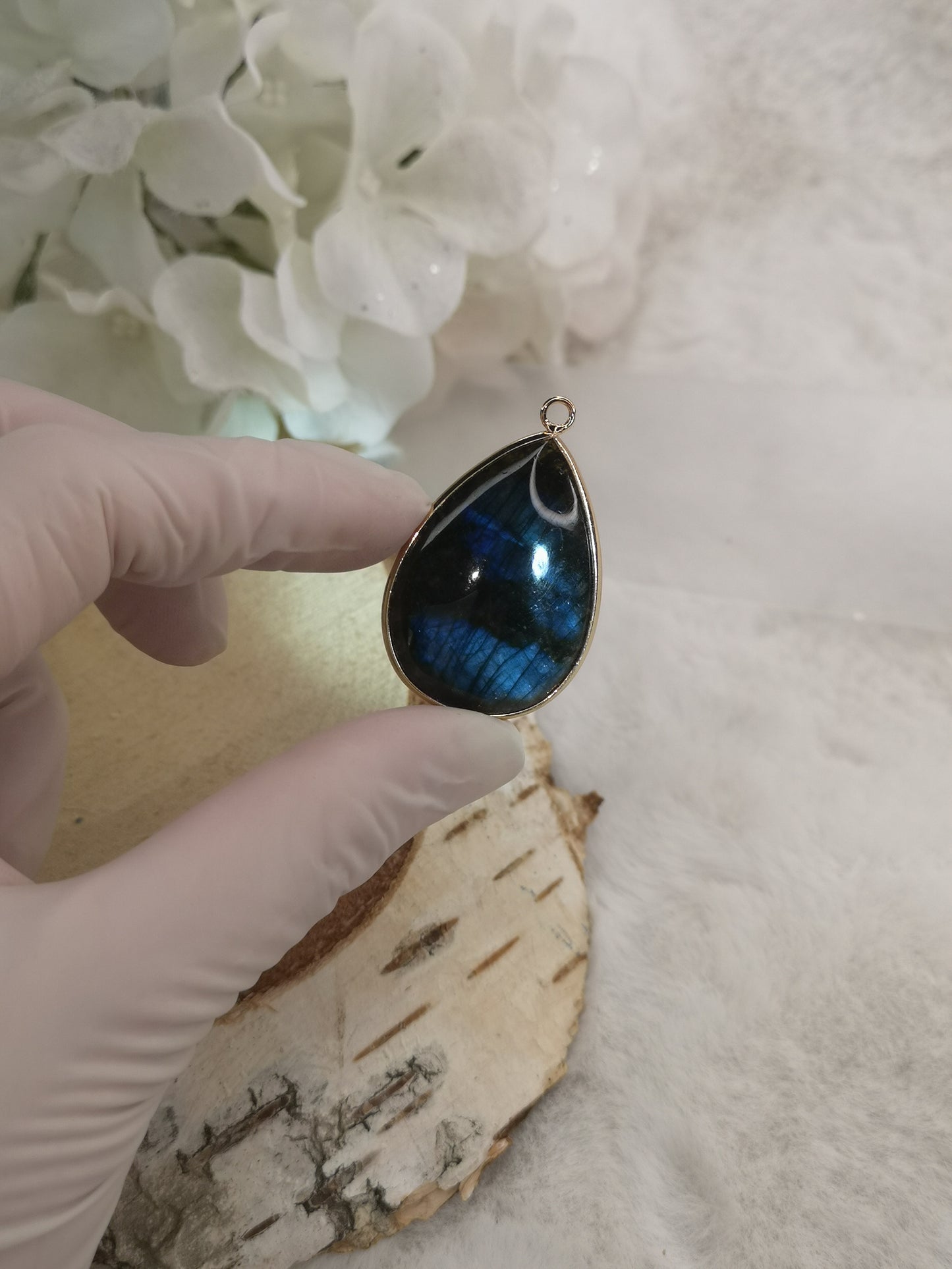 Labradorite Tropfen Edelstein Ketten Anhänger aus Kupfer, goldfarbig