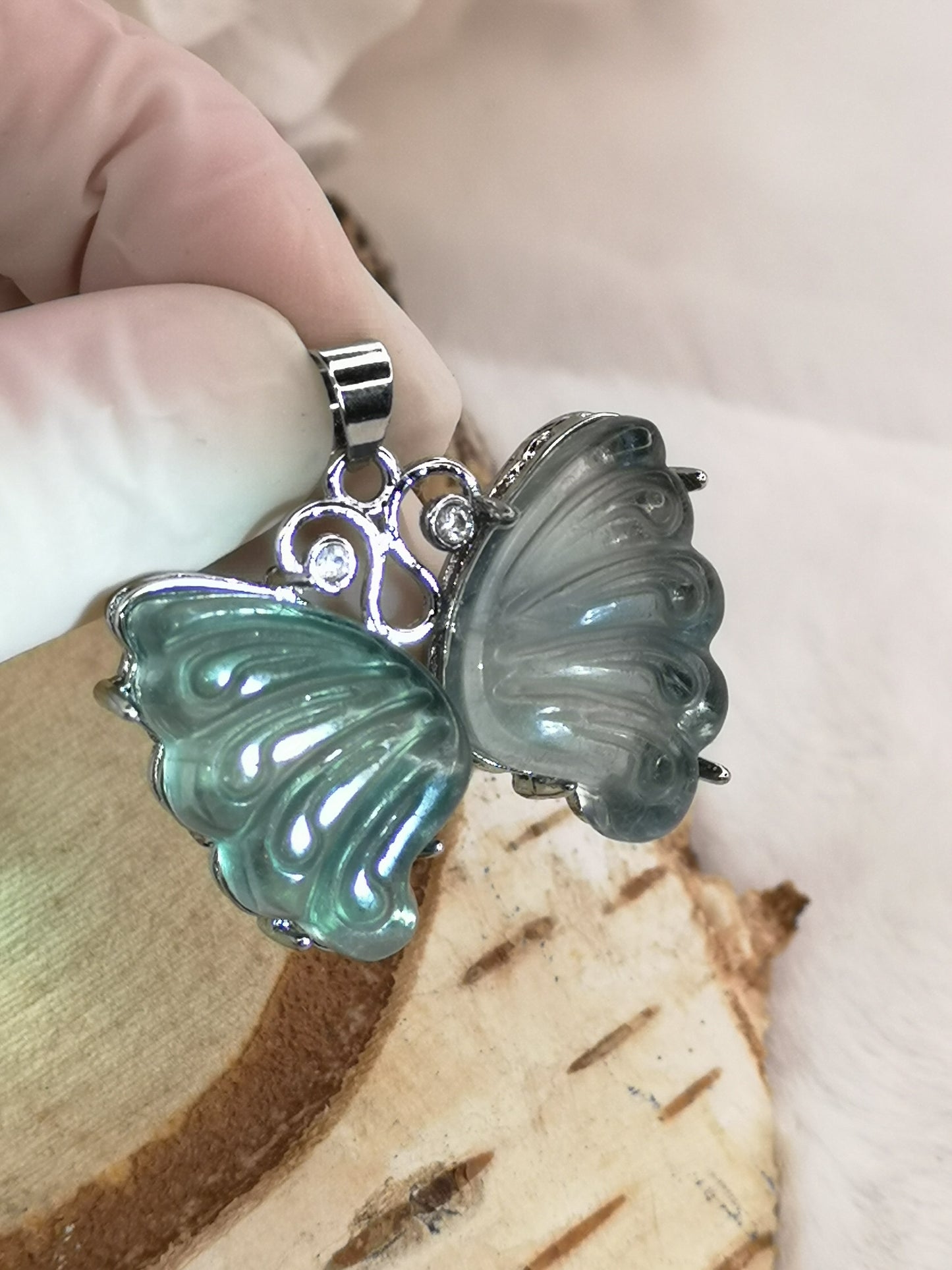 Blauer Fluorite Edelstein Schmetterling, Kupfer Ketten Anhänger