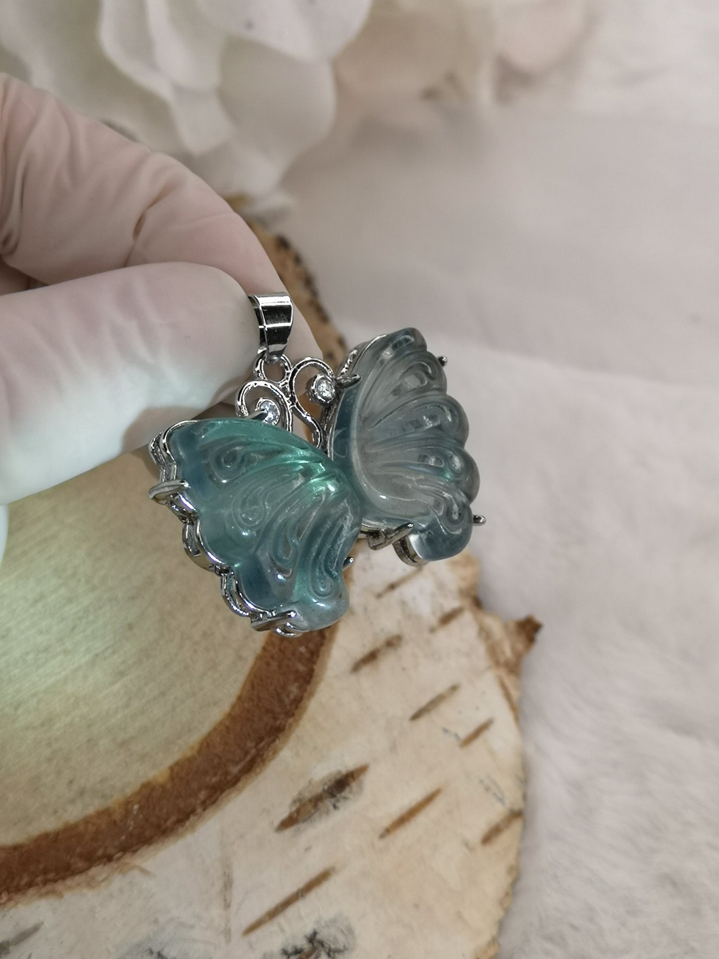 Blauer Fluorite Edelstein Schmetterling, Kupfer Ketten Anhänger