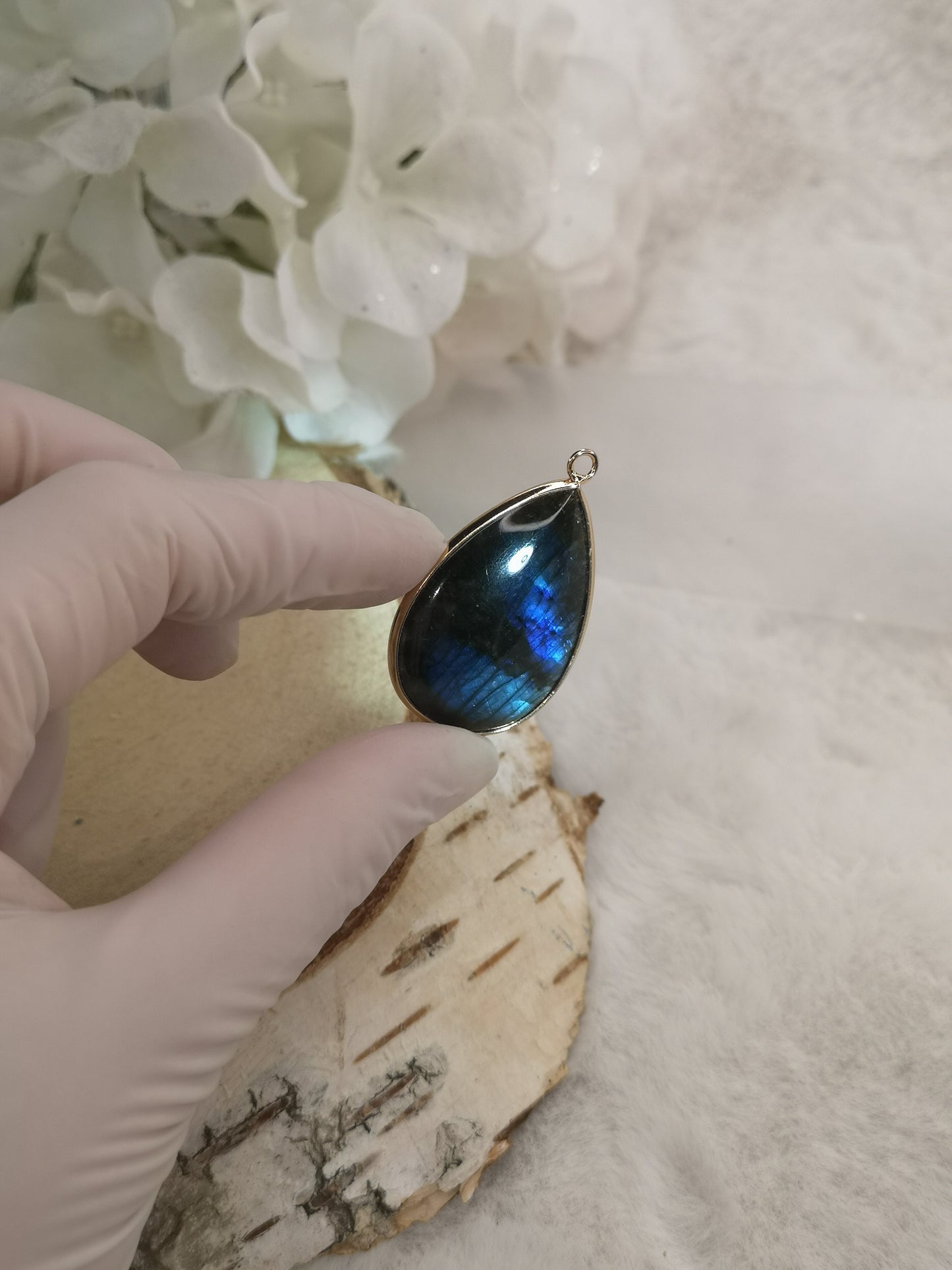 Labradorite Tropfen Edelstein Ketten Anhänger aus Kupfer, goldfarbig
