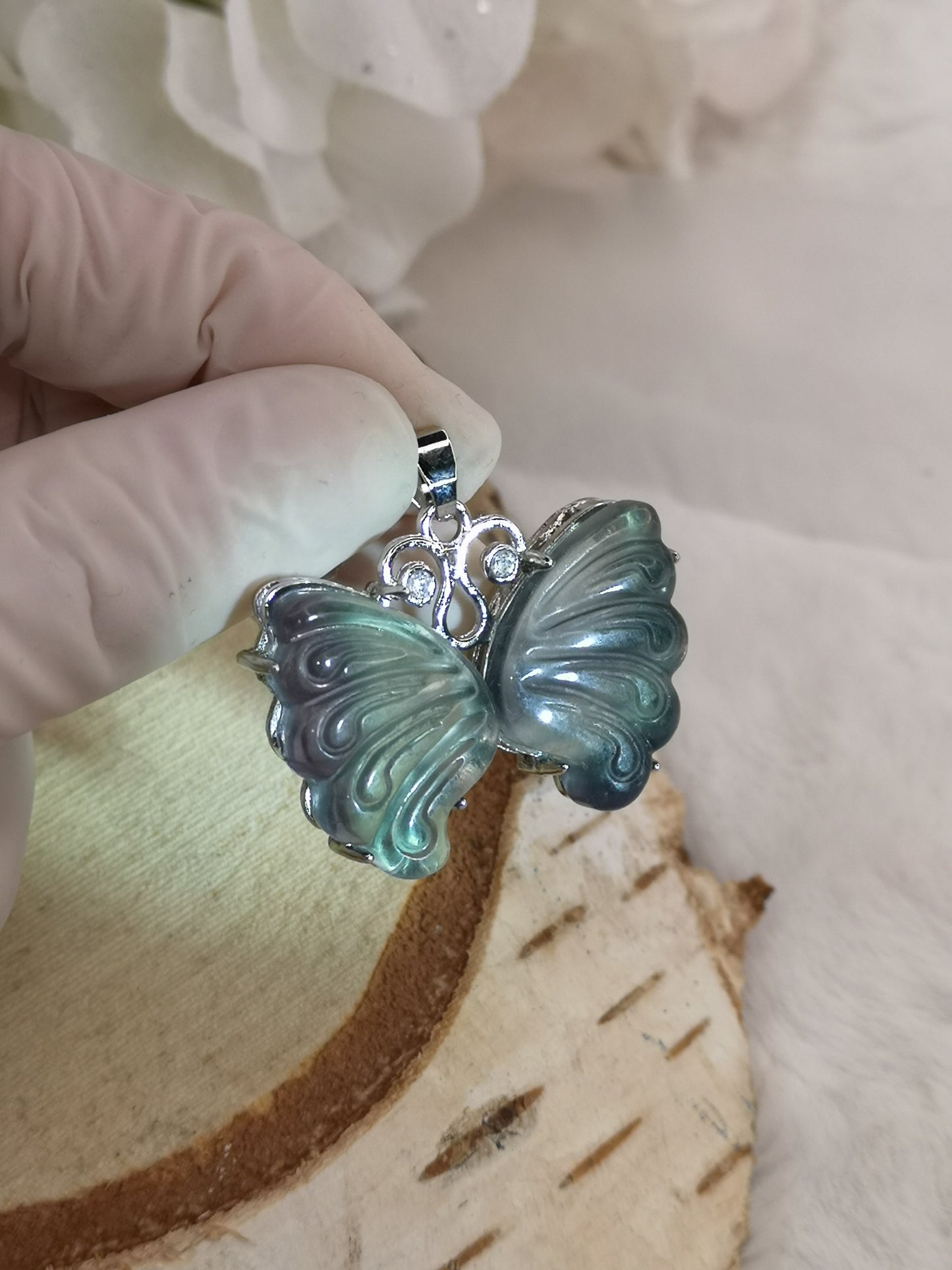 Blauer Fluorite Edelstein Schmetterling Kupfer Ketten Anhänger