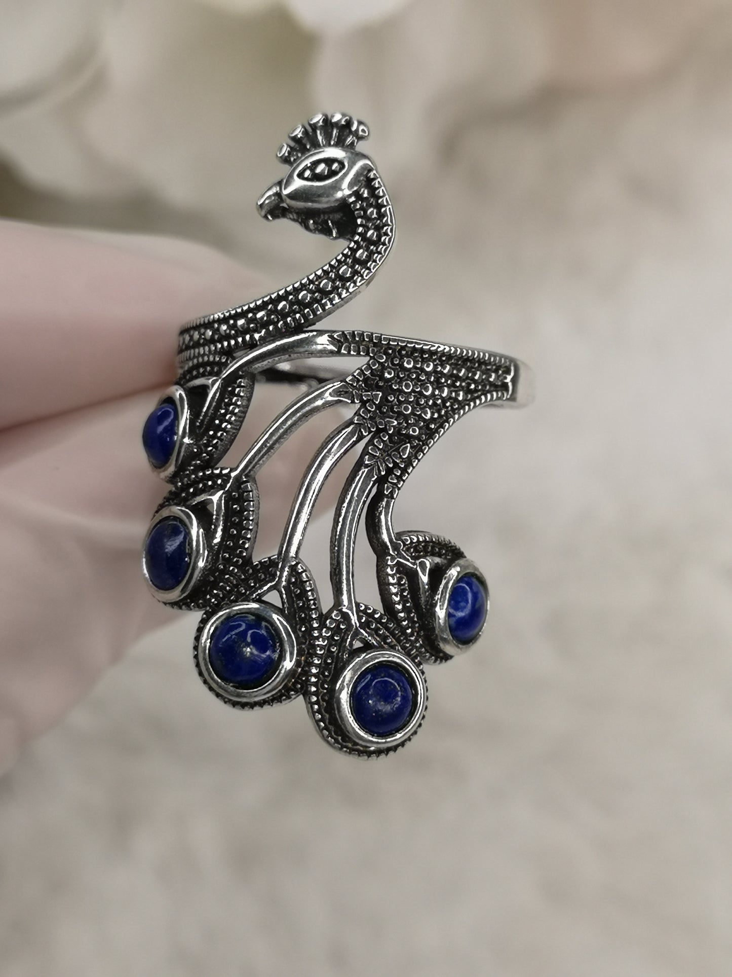 Lapislazuli Lapis Edelstein Markasiten Paradies Pfau Vogel, Kupfer Ring