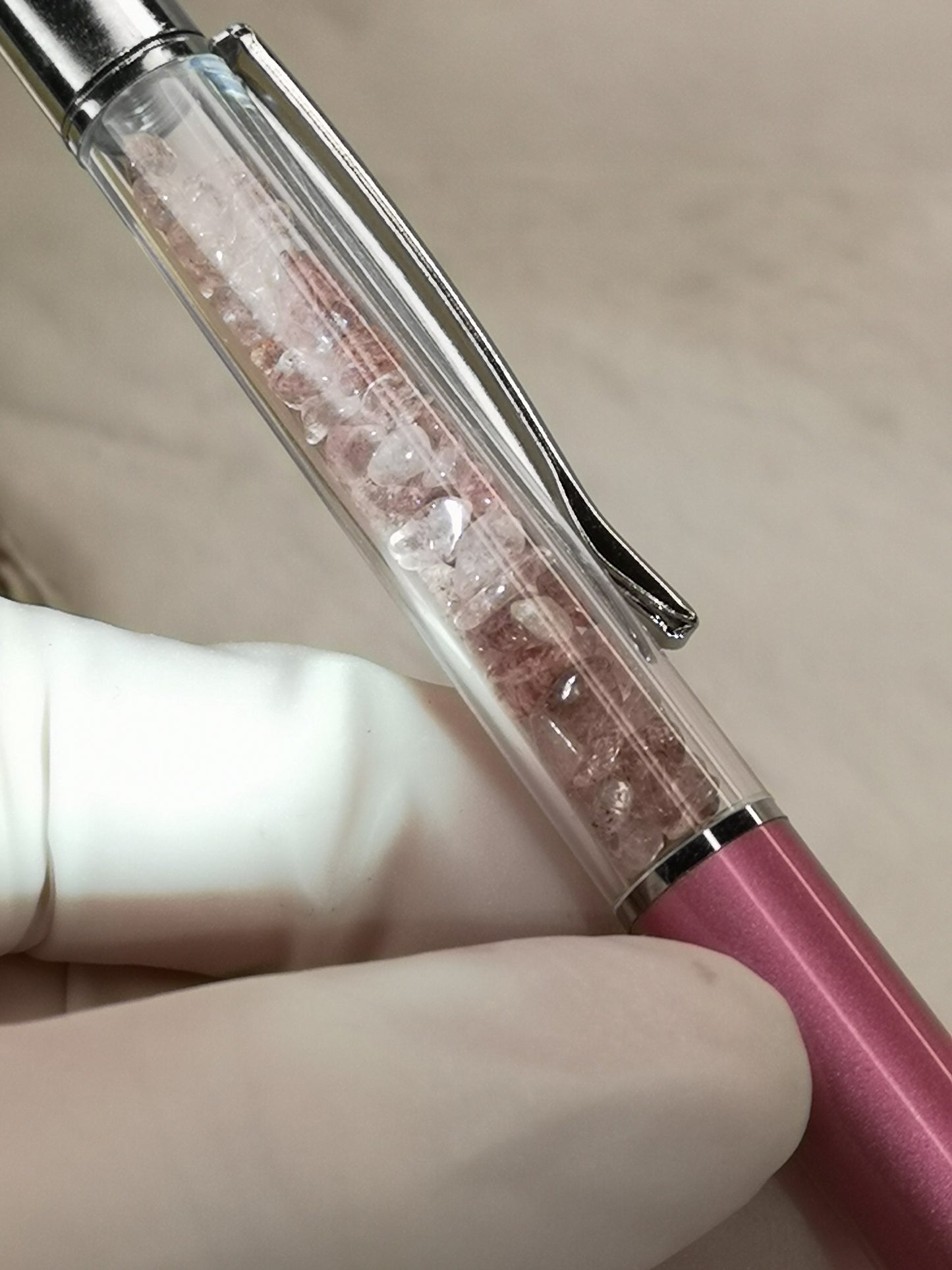 Kugelschreiber mit Rosenquarz Edelsteinchen