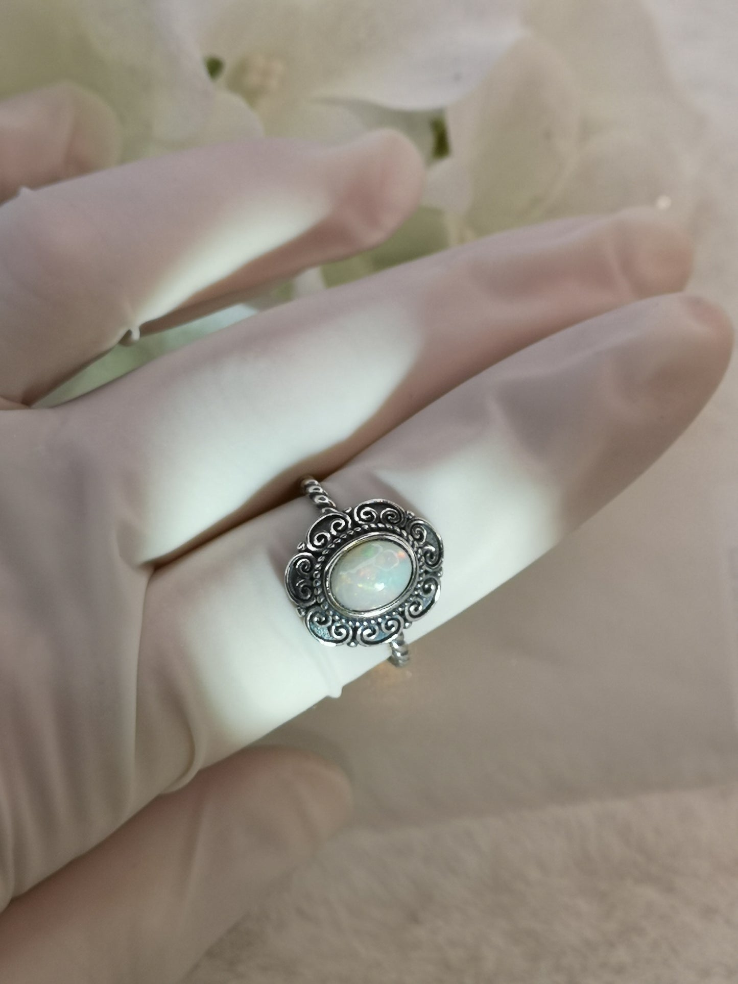 White Opal 925 Silber Ring verstellbar Edelstein Schmuck