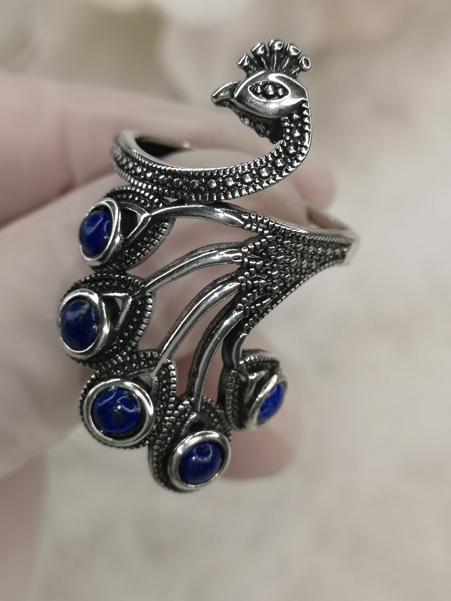 Lapislazuli Lapis Edelstein Markasiten Paradies Pfau Vogel, Kupfer Ring
