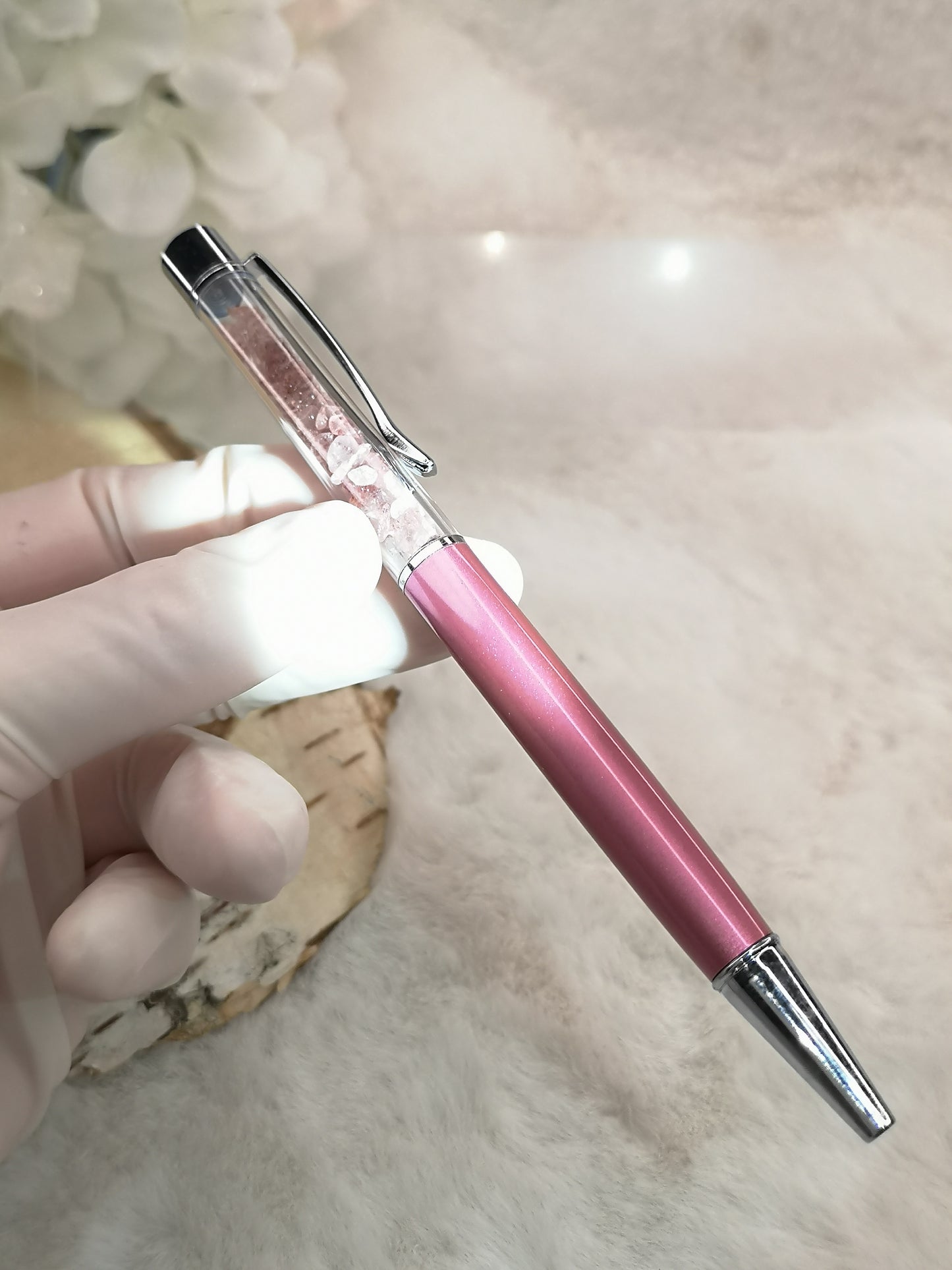 Kugelschreiber mit Rosenquarz Edelsteinchen