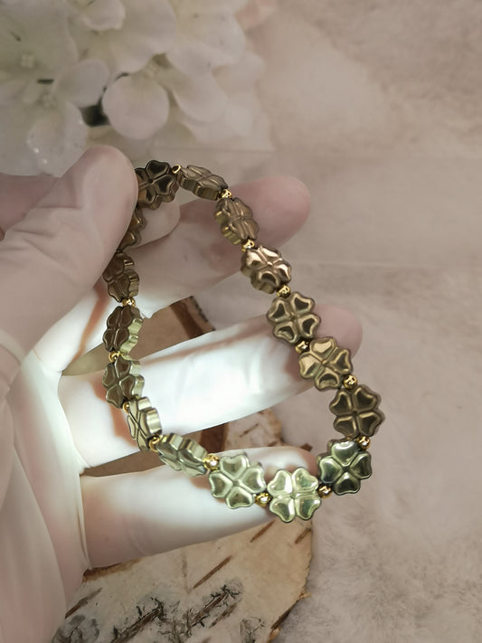 Pyrit Edelstein Armband, Kleeblatt Desgin, dehnbar