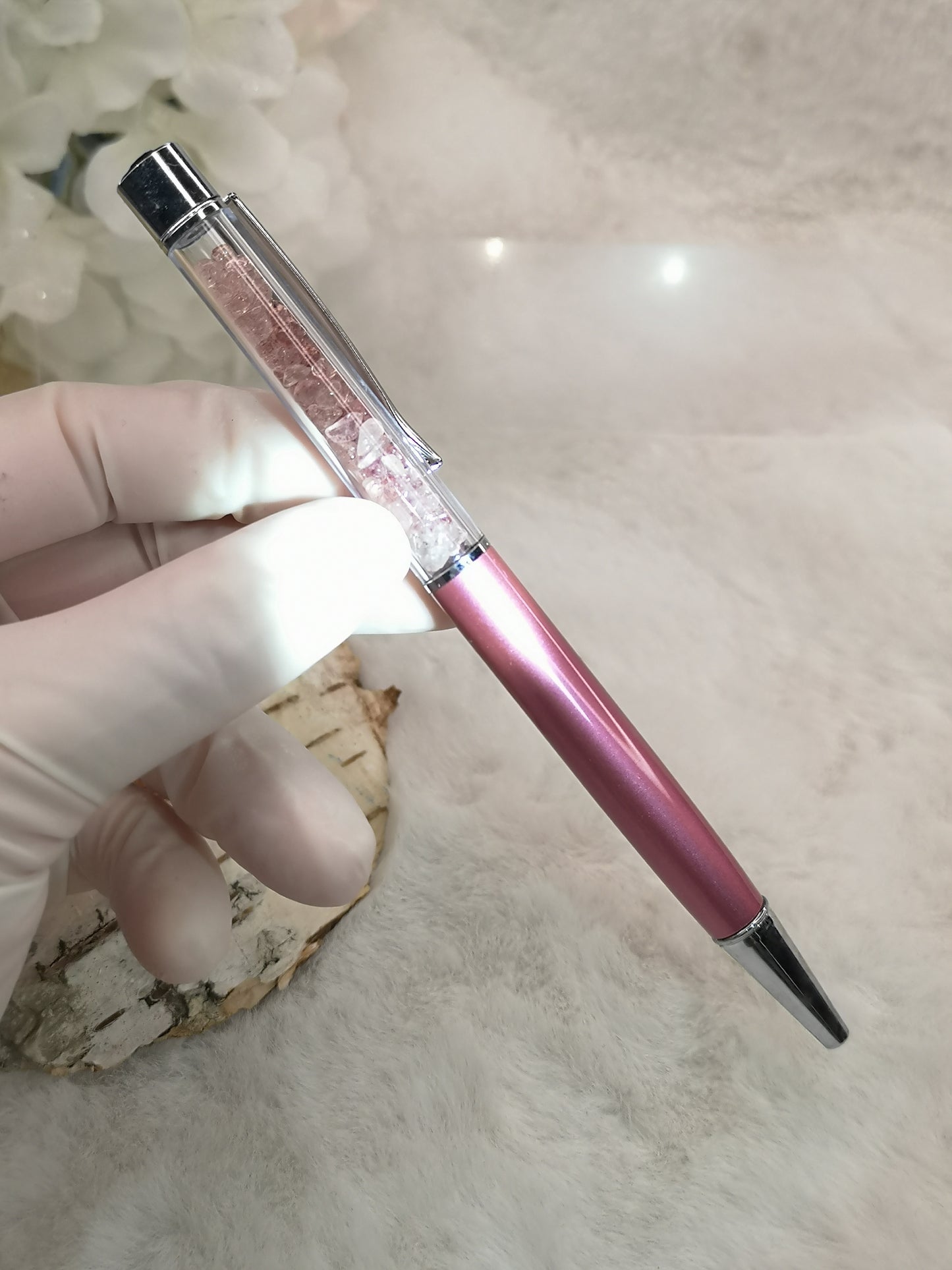 Kugelschreiber mit Rosenquarz Edelsteinchen