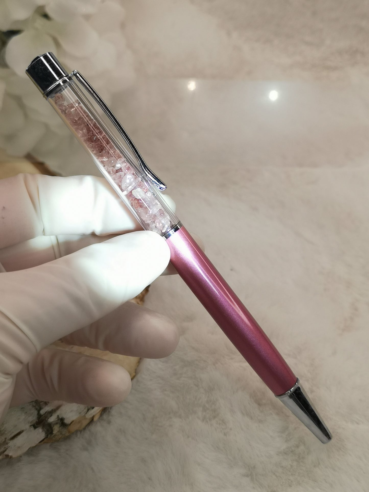 Kugelschreiber mit Rosenquarz Edelsteinchen