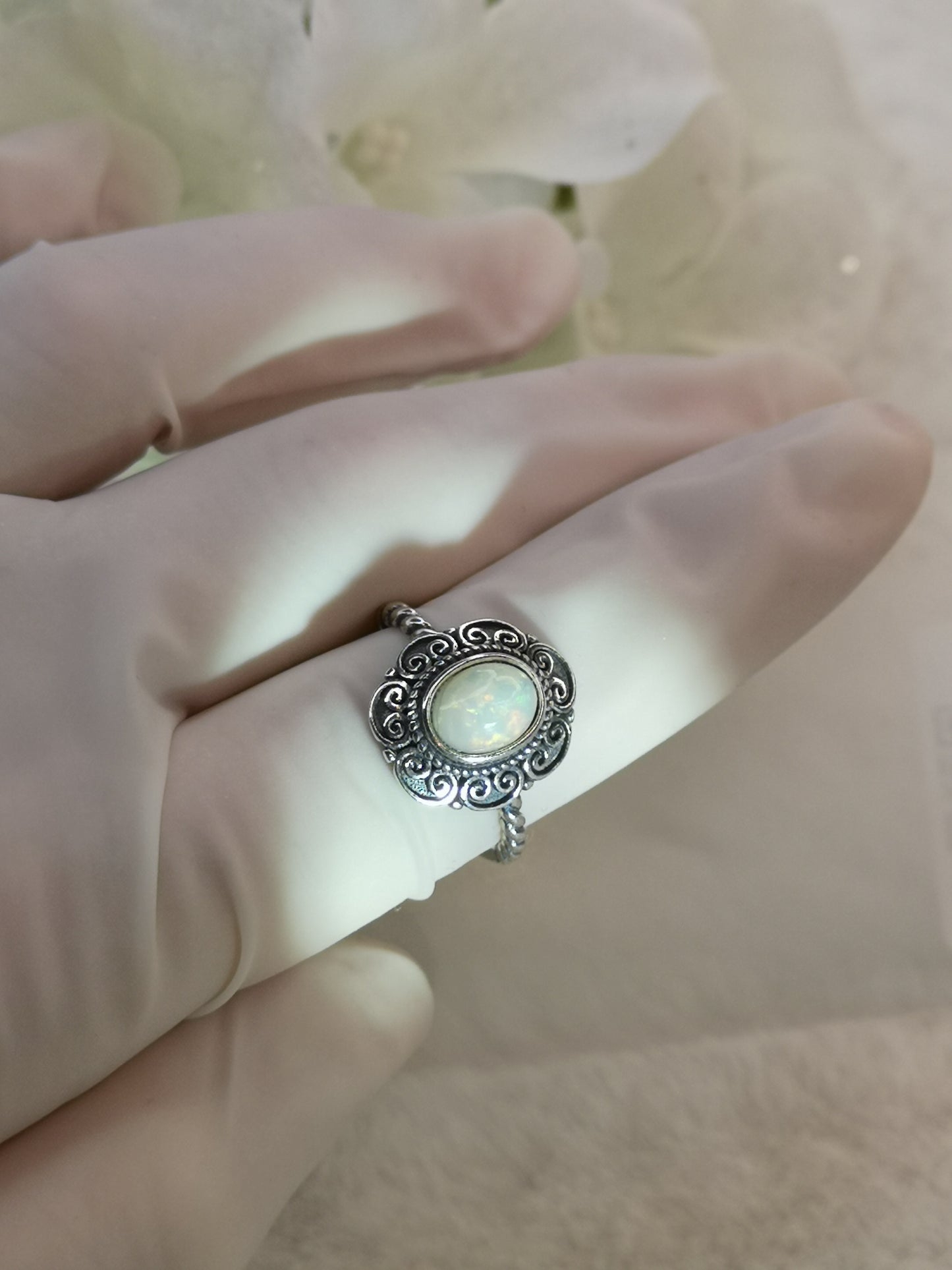 White Opal 925 Silber Ring verstellbar Edelstein Schmuck