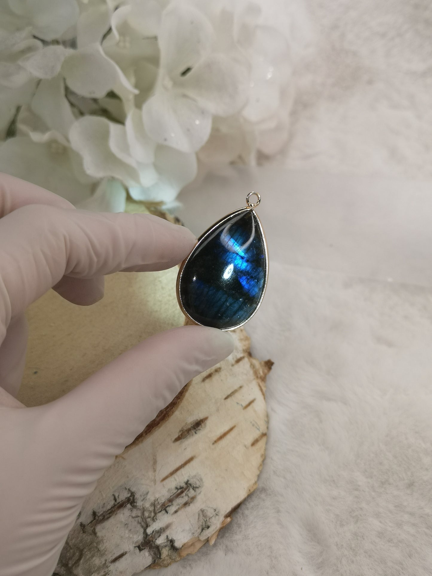 Labradorite Tropfen Edelstein Ketten Anhänger aus Kupfer, goldfarbig