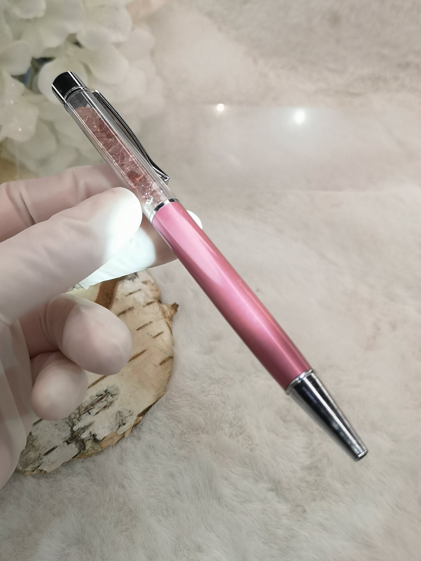 Kugelschreiber mit Rosenquarz Edelsteinchen