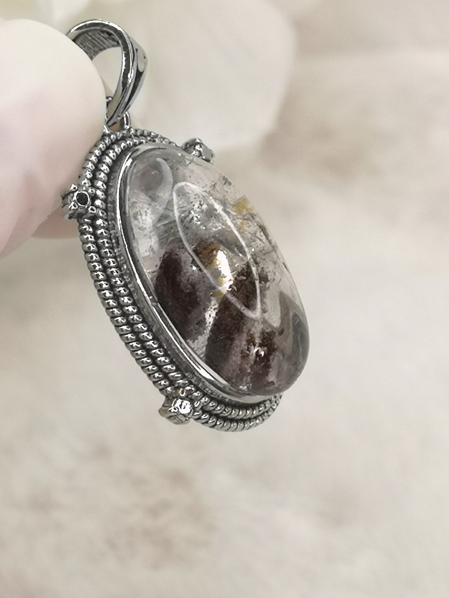 Gartenquartz Edelstein mit Phantomen, Kupfer Ketten Anhänger