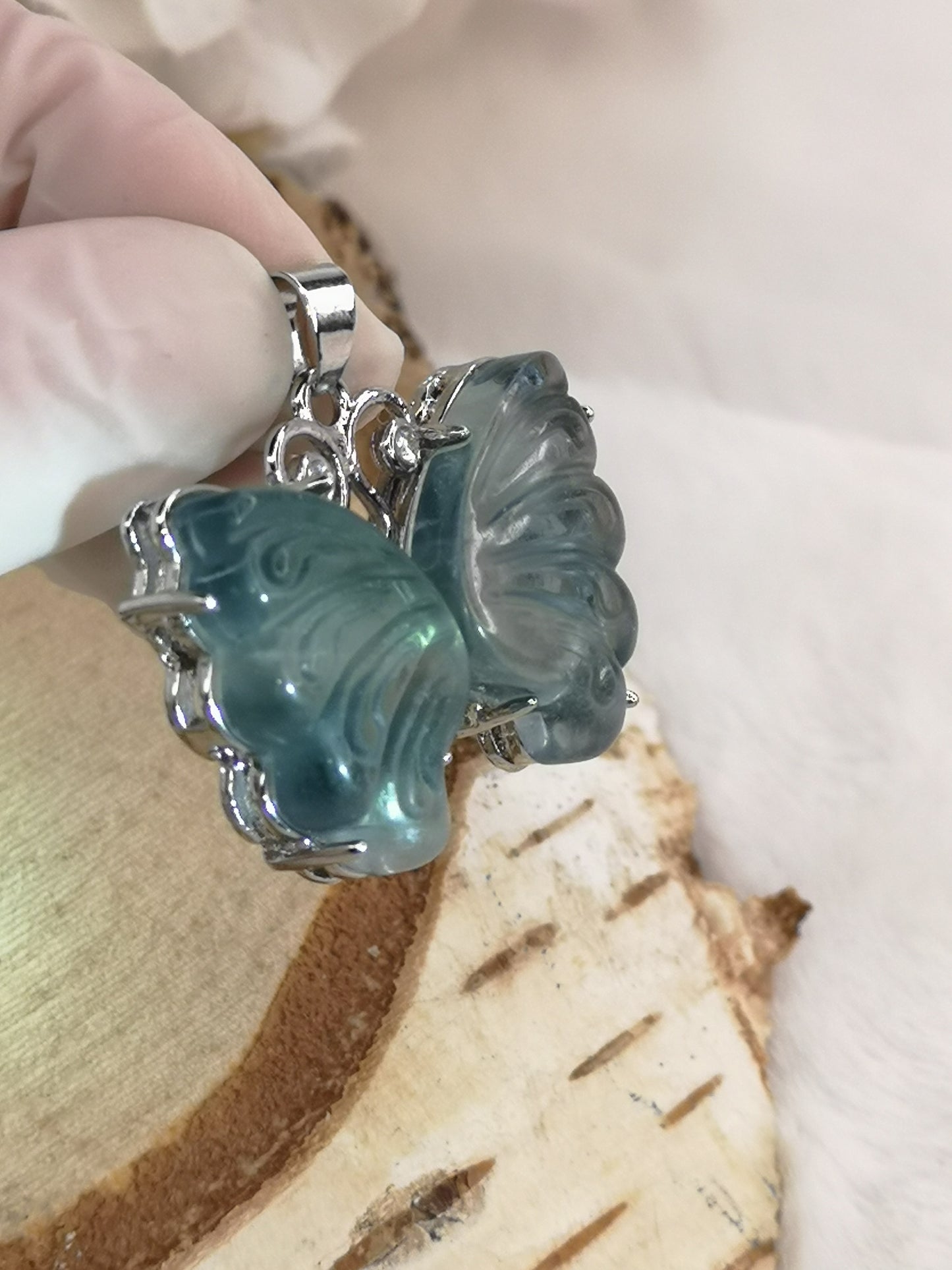 Blauer Fluorite Edelstein Schmetterling, Kupfer Ketten Anhänger