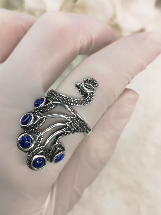 Lapislazuli Lapis Edelstein Markasiten Paradies Pfau Vogel, Kupfer Ring