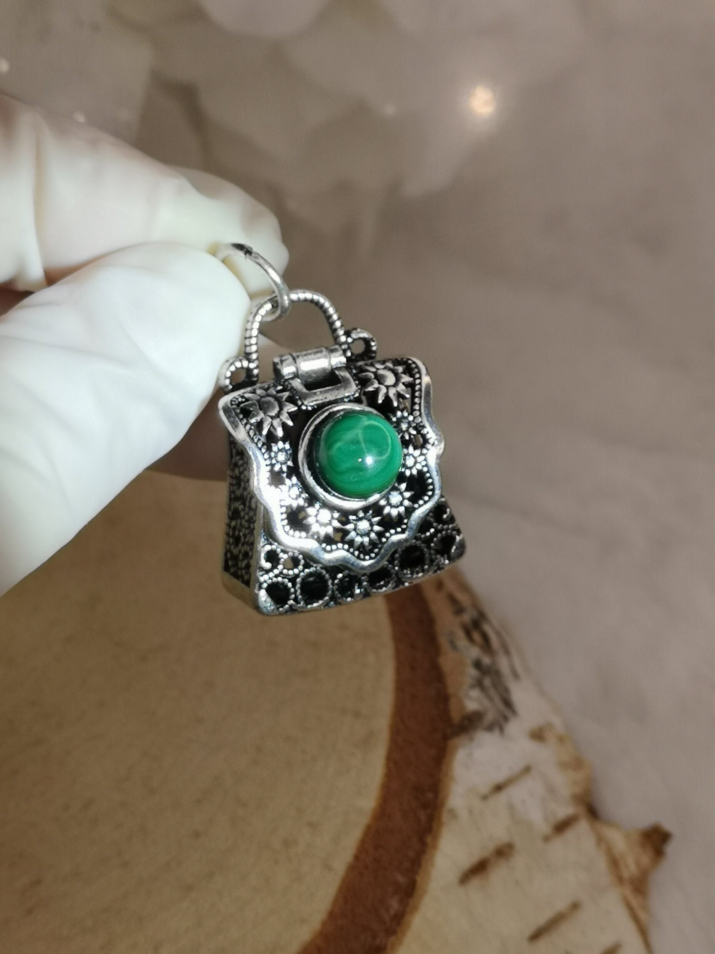 Malachite Edelstein, Kupfer Ketten Anhänger, Taschen Design